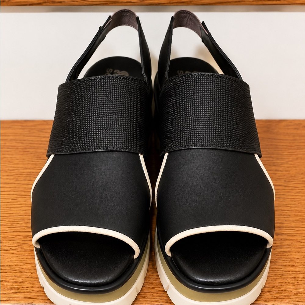 Sorel Black Slingback Platform Sandals with Cream Trim